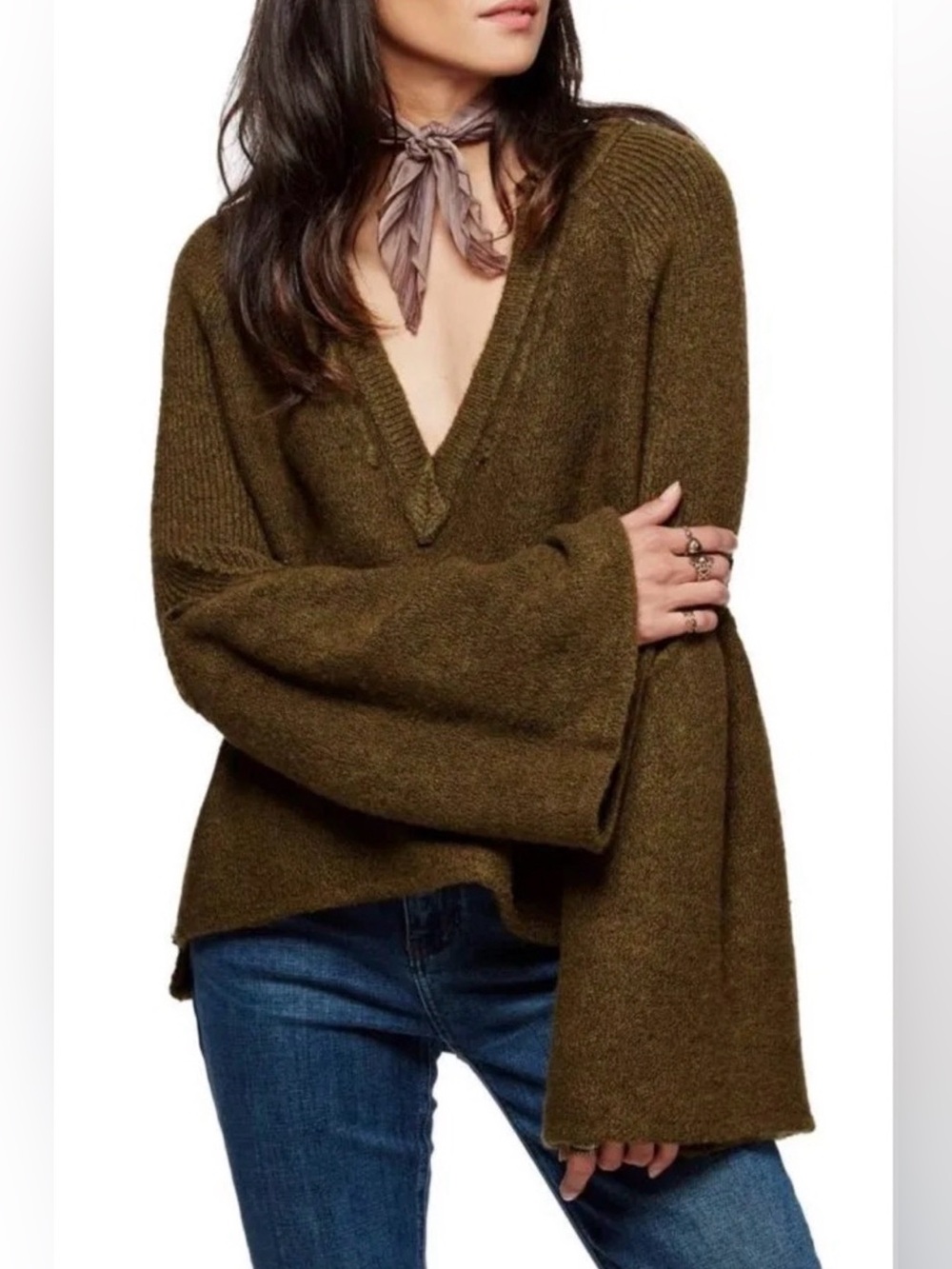 Free People Lovely Lines Pullover Bell Sleeve Sweater Olive Green - Size XXS